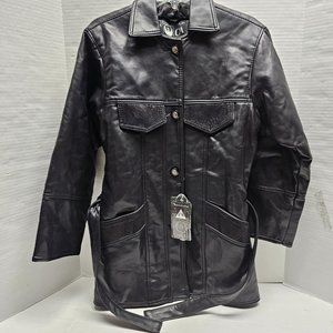 Collection CA GA Black Women Pleather Faux Leather Coat Jacket Trench Blet Tie S